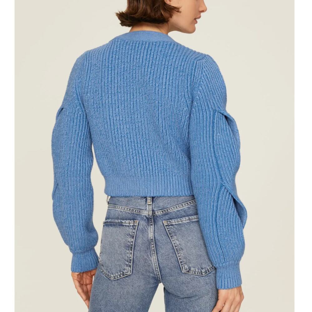 Derek Lam Blue Cropped Cardigan SMALL Cotton Sweater Twisted Sleeve Chunky $450 - Picture 2 of 12